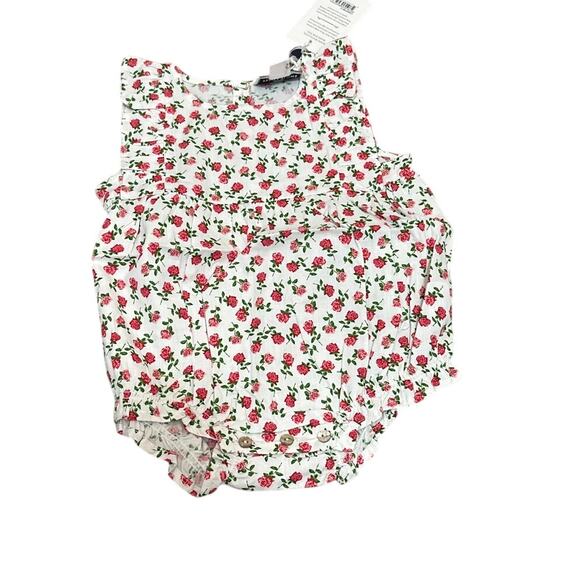 Petite Plume Rose Print Ruffle Twill Bubble Romper Size 6-12 months New with tag - Picture 1 of 5